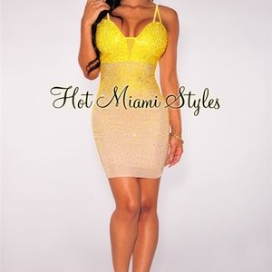 Nude Yellow Iridescent Stones Padded Mini Dress